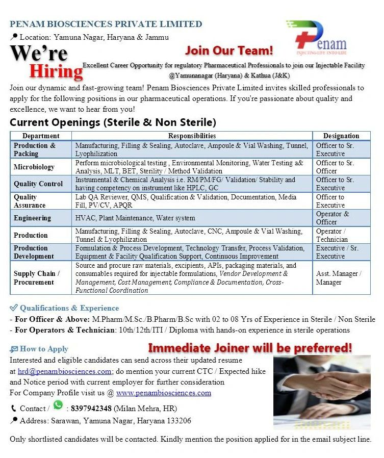 Penam Biosciences Hiring for Multiple Pharma Roles – Production, QC, QA, Microbiology Jobs