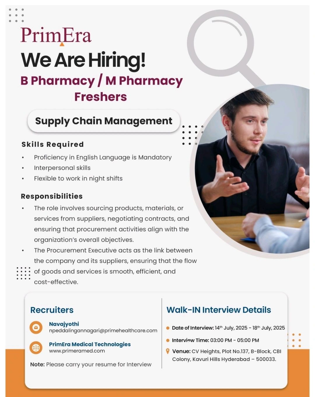 PrimEra Medical Technologies Walk In for B.Pharm/M.Pharm Freshers – Supply Chain Trainee Jobs