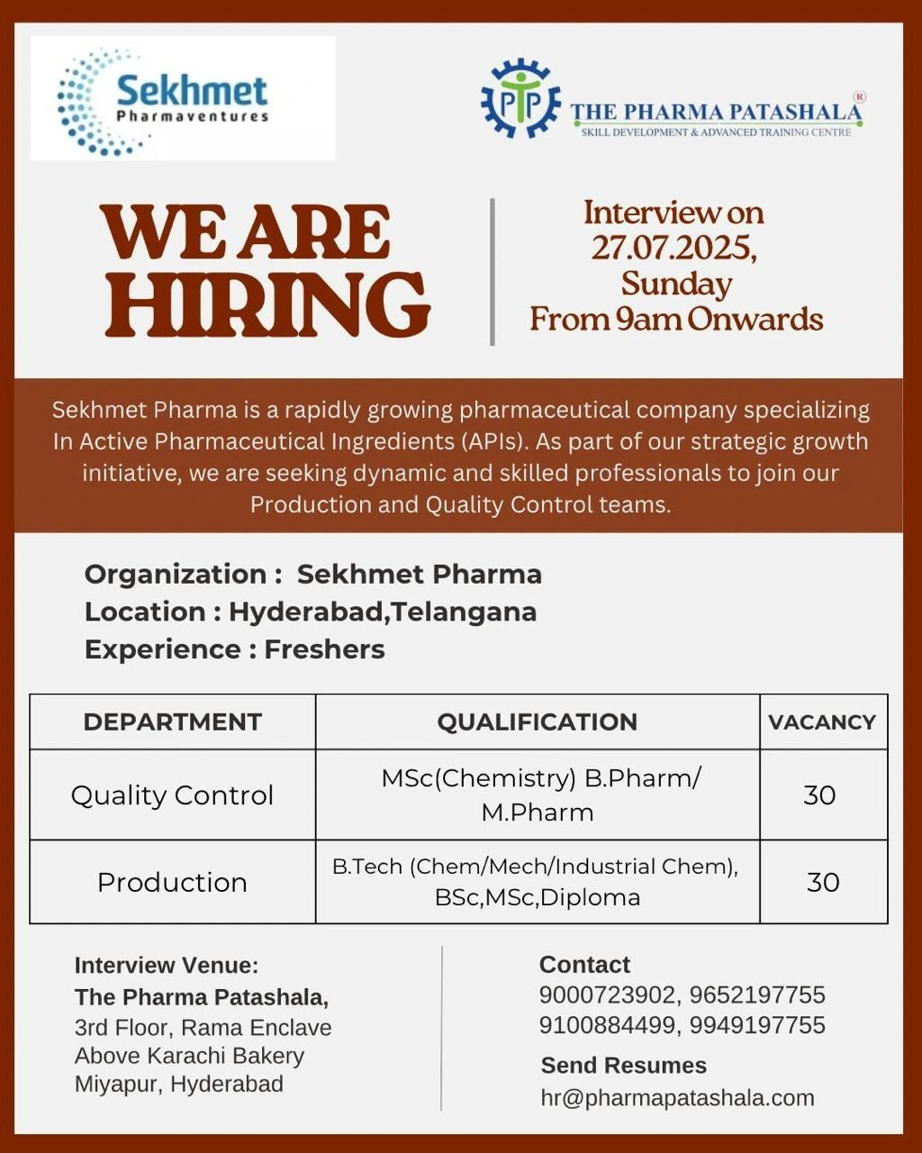 Walk In for 60+ Freshers Jobs in API Production & Quality Control
