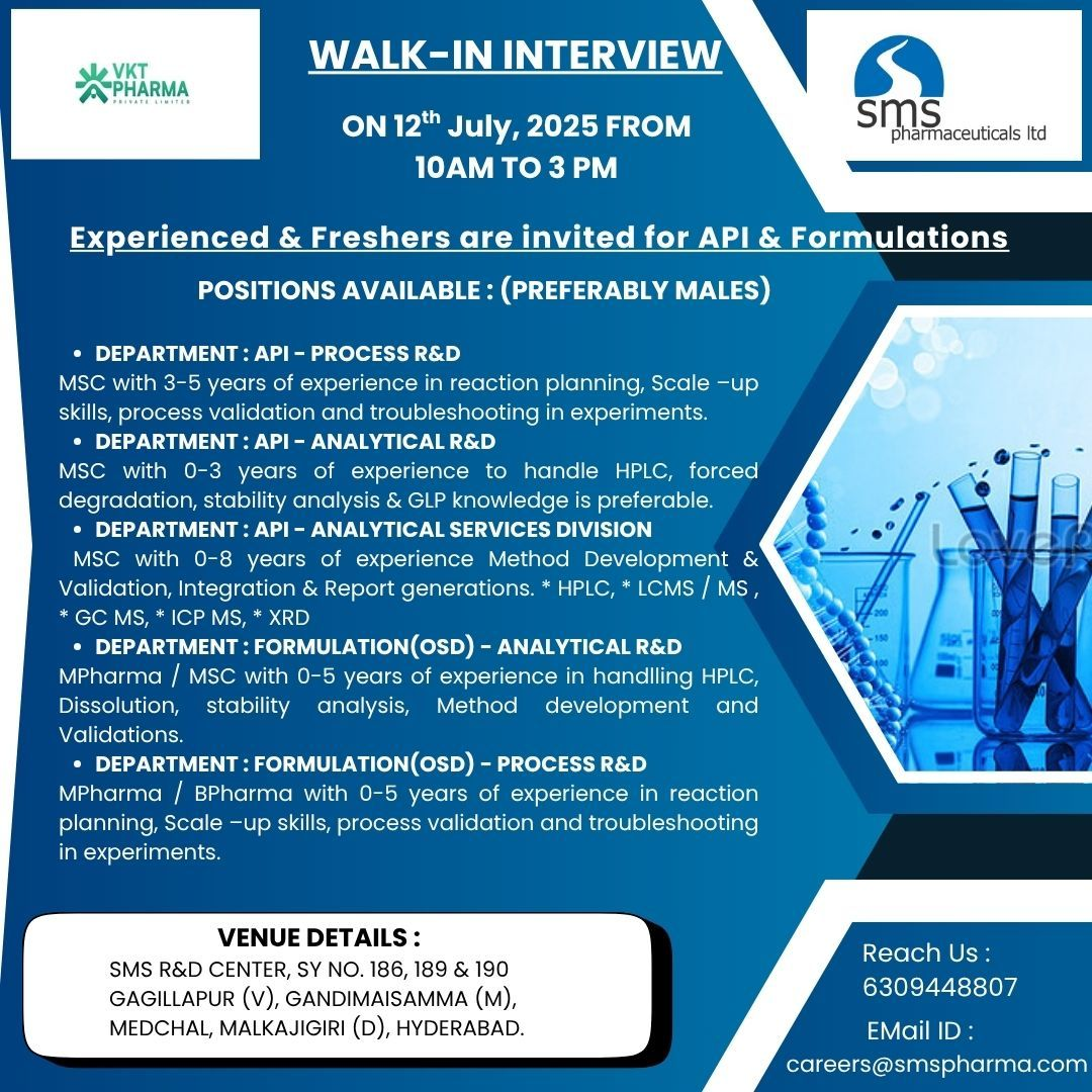 VKT Pharma Walk-In Interview for API & Formulations Freshers | Apply Now
