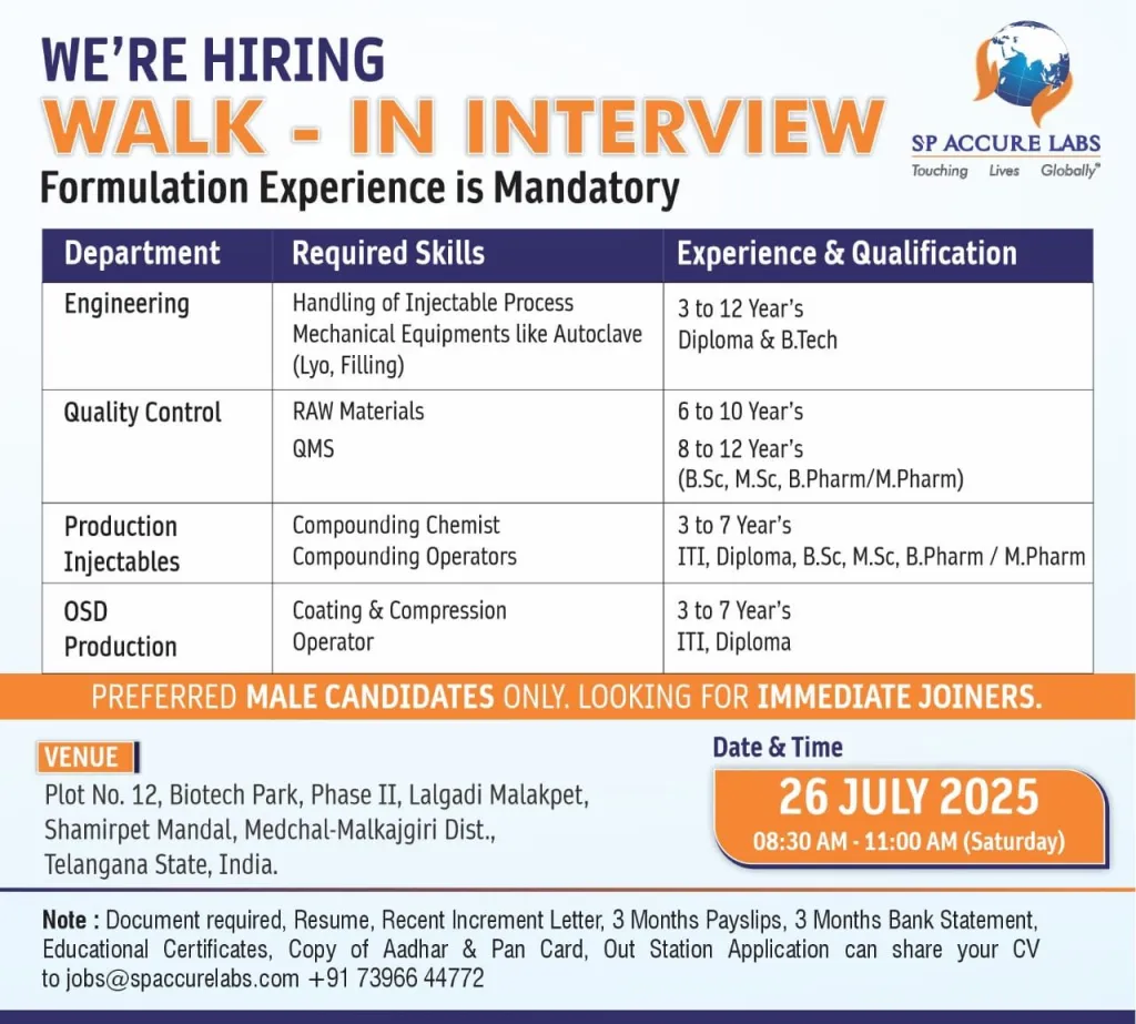 Walk In Interview – Production, QC & Engineering Jobs