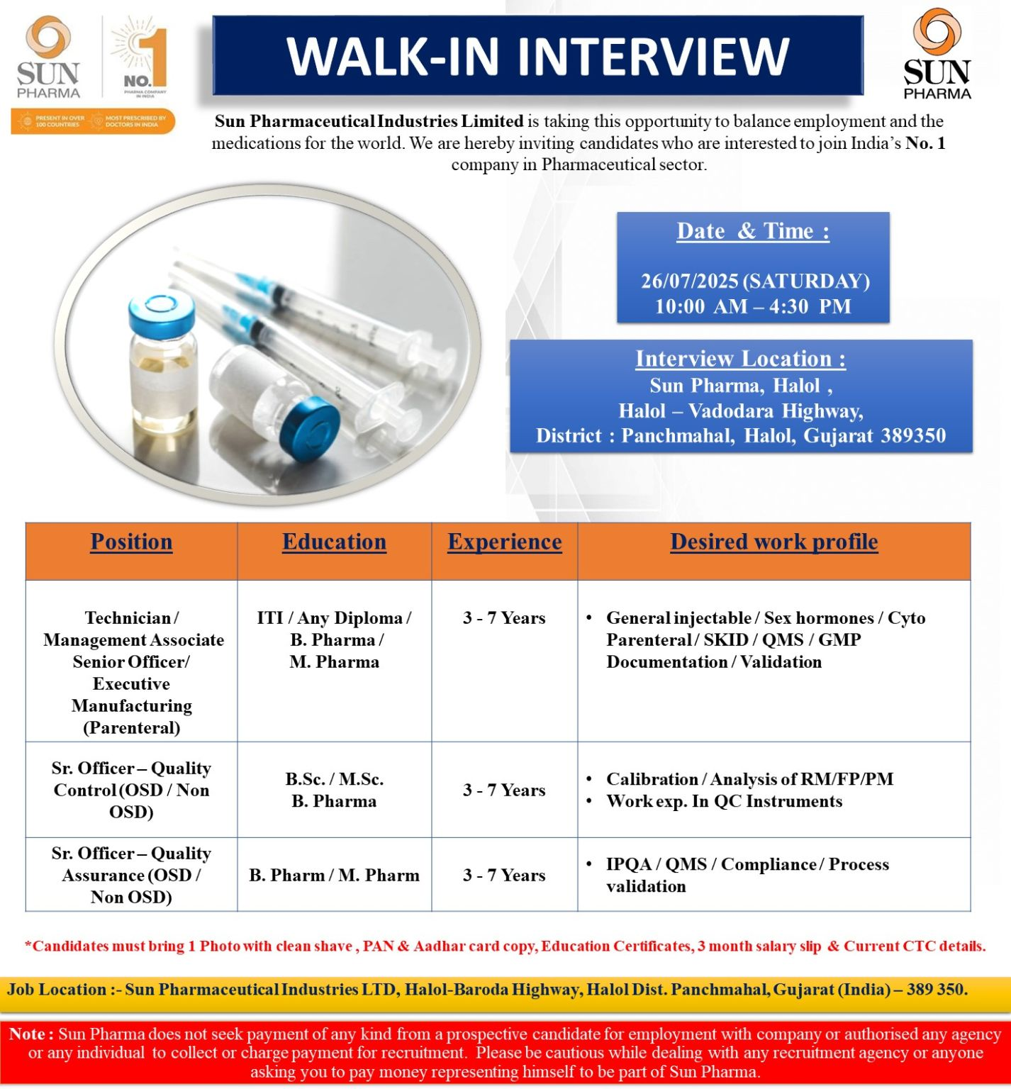 Walk In Interview | QA & QC Jobs for ITI, Diploma, B.Pharm, M.Pharm