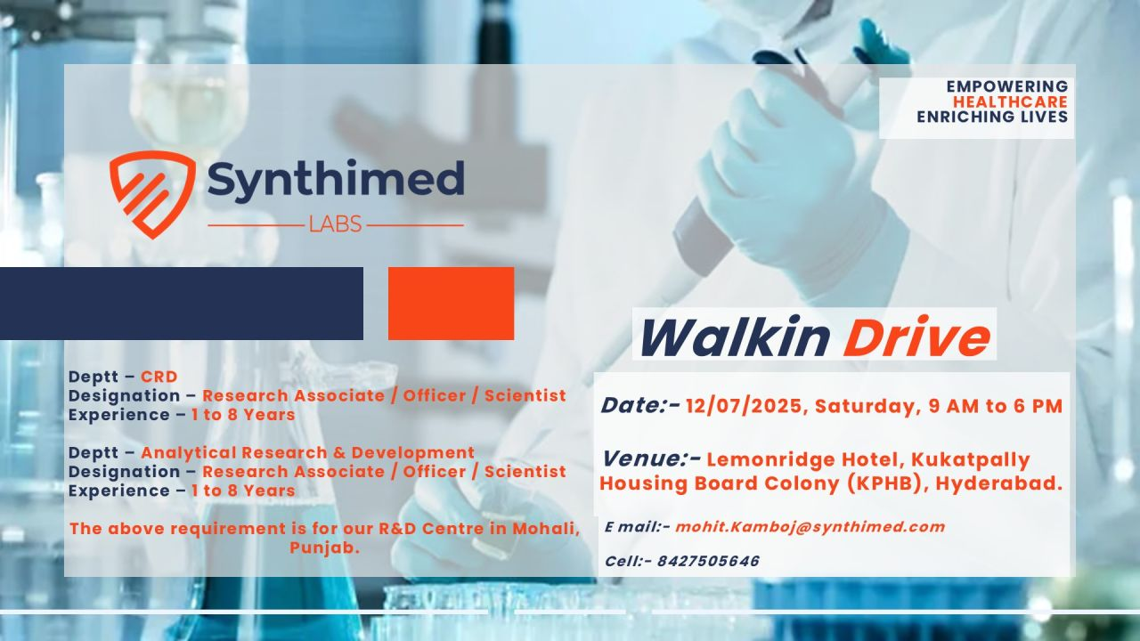 Synthimed Labs Walk-In Drive – CRD & Analytical R&D Jobs | 12th July 2025