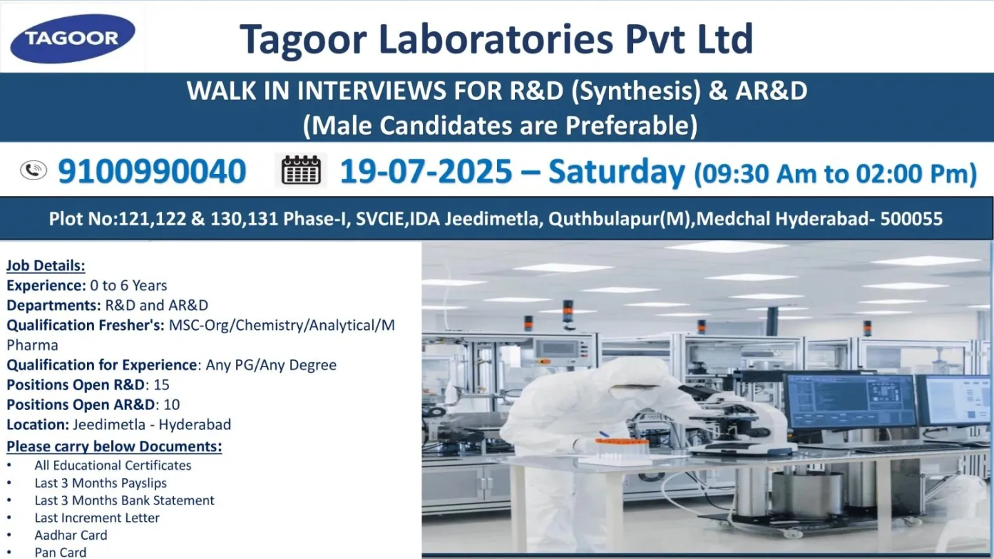 TAGOOR Laboratories Walk-In Interview – R&D / AR&D Jobs for Freshers & Experienced