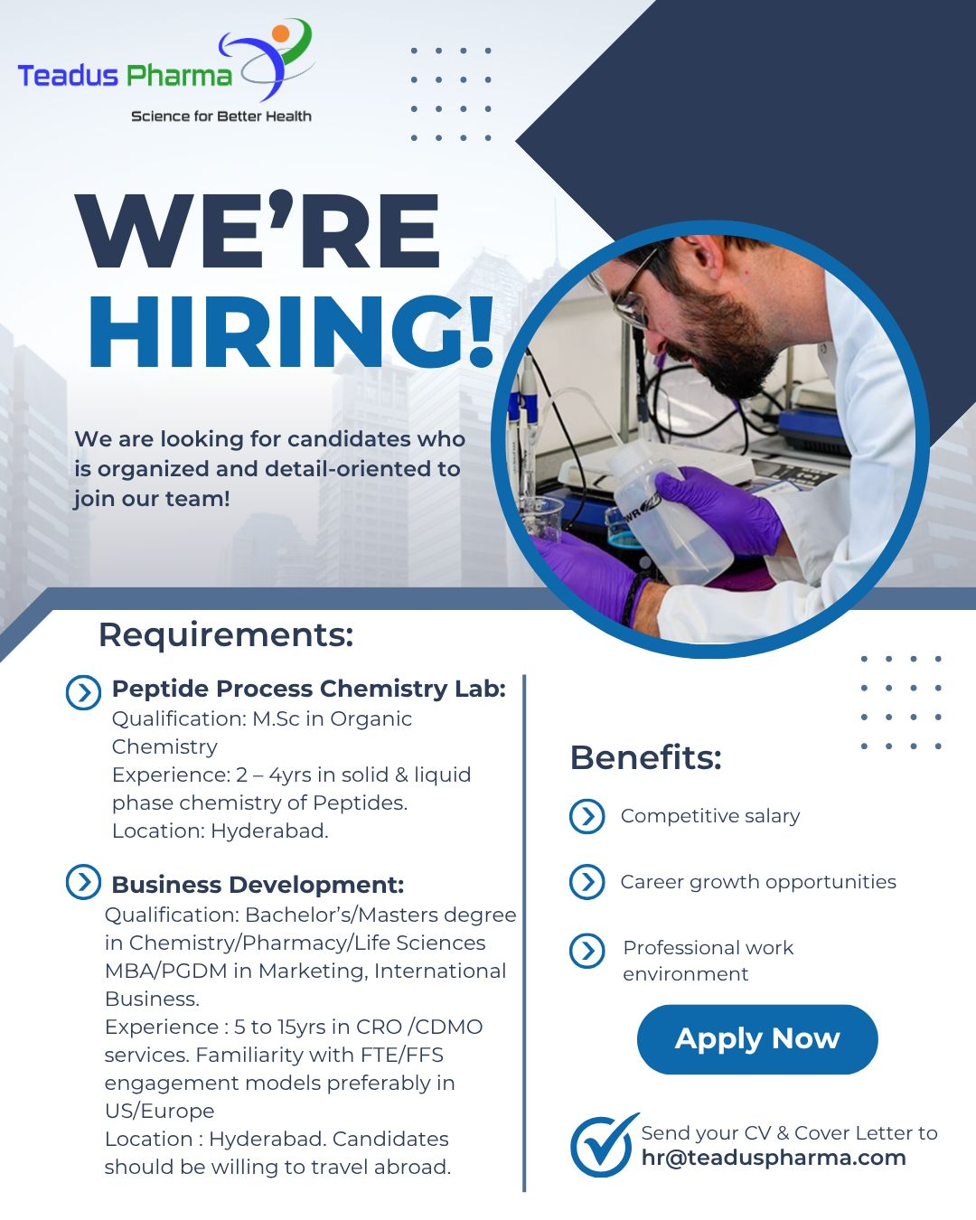 Teadus Pharma Hiring Research Associates & Scientists for Peptide Process Chemistry | Business Development Roles