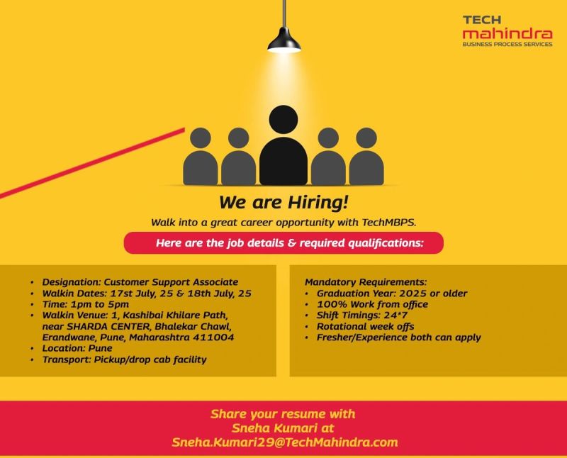 Tech Mahindra BPS Walk In Drive | Customer Support Associate – Freshers & Experienced