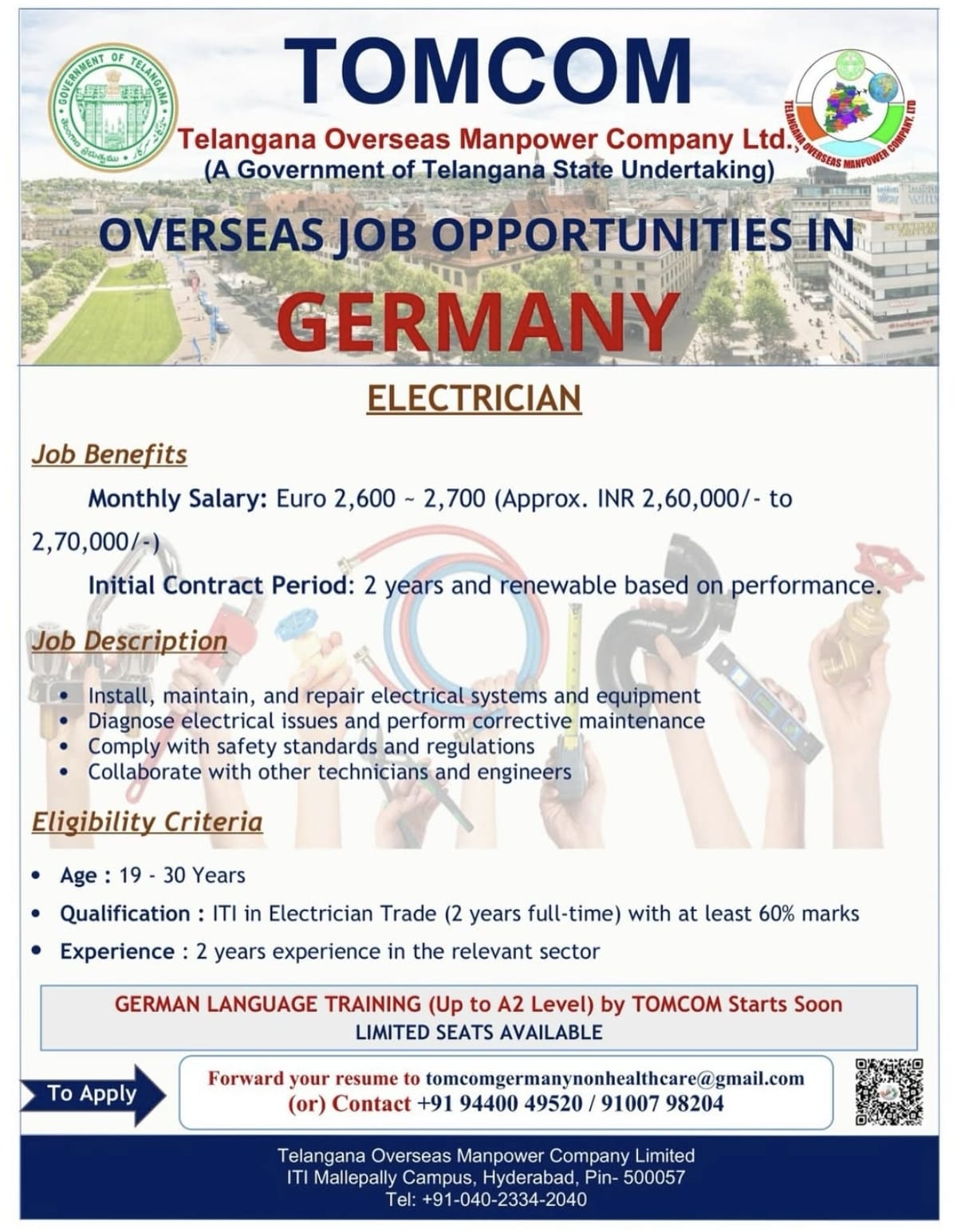 Electrician Jobs in Germany – Apply Through TOMCOM | Salary up to ₹2.7 Lakhs/month