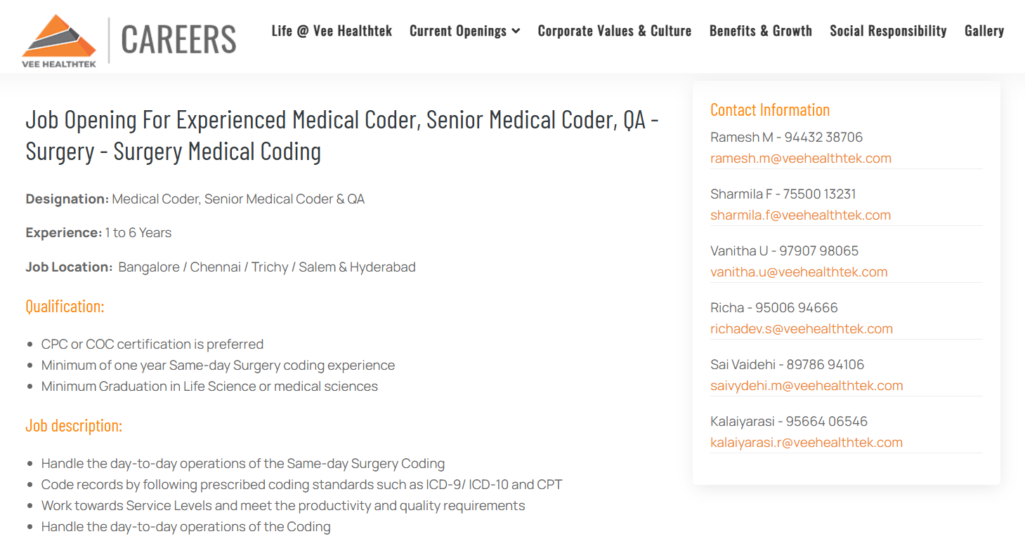Vee Healthtek Hiring Medical Coders & QA Same-Day Surgery Coding Jobs