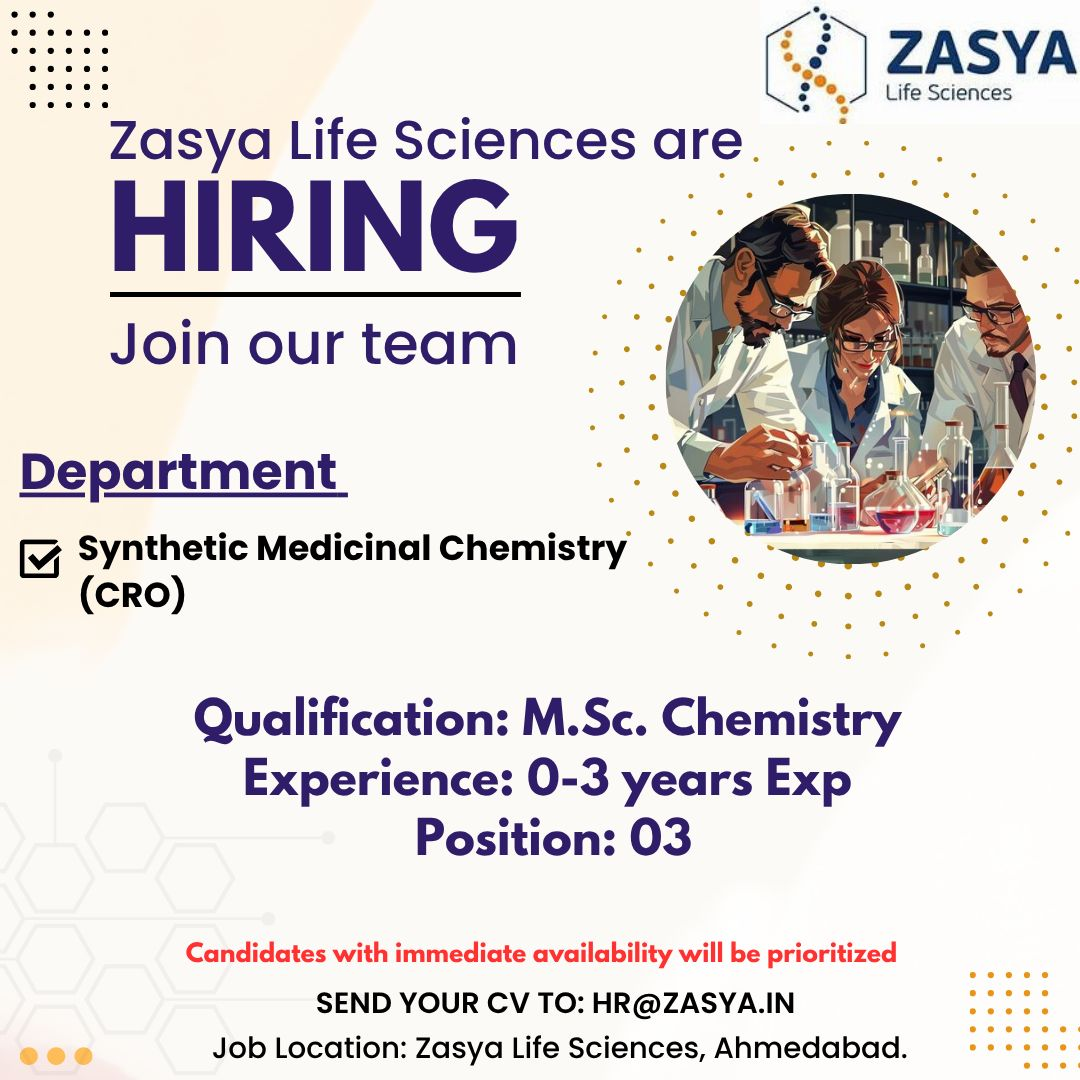 Zasya Life Sciences Hiring Freshers: Research Associate Jobs in Synthetic Medicinal Chemistry