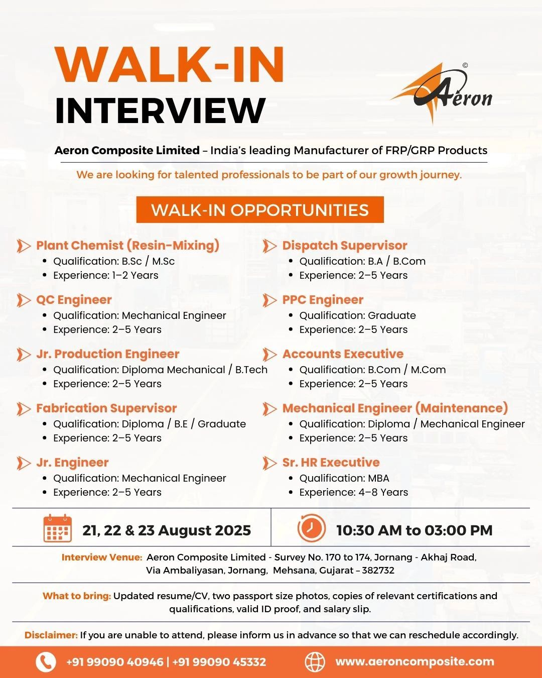 Aeron Composite Walk In Interview – Hiring for Multiple Departments