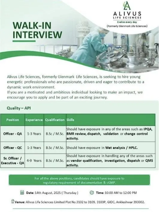 Alivus Life Sciences (Glenmark) Walk In Interview – API QA & QC Jobs