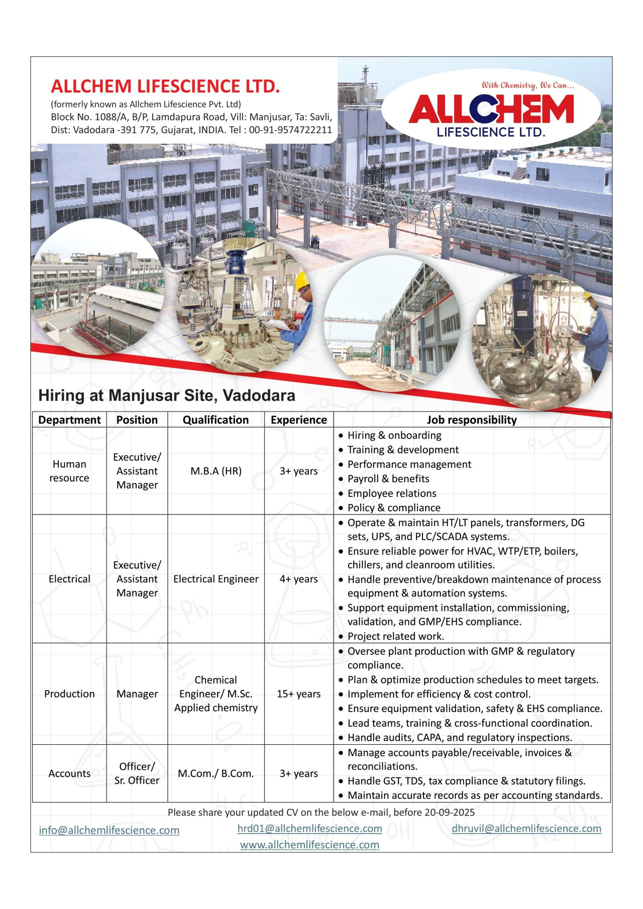 Allchem Lifescience, Kamla Lifesciences & Alivus Life Sciences Hiring | Pharma Jobs in HR, Electrical, Production, QA, QC & Accounts