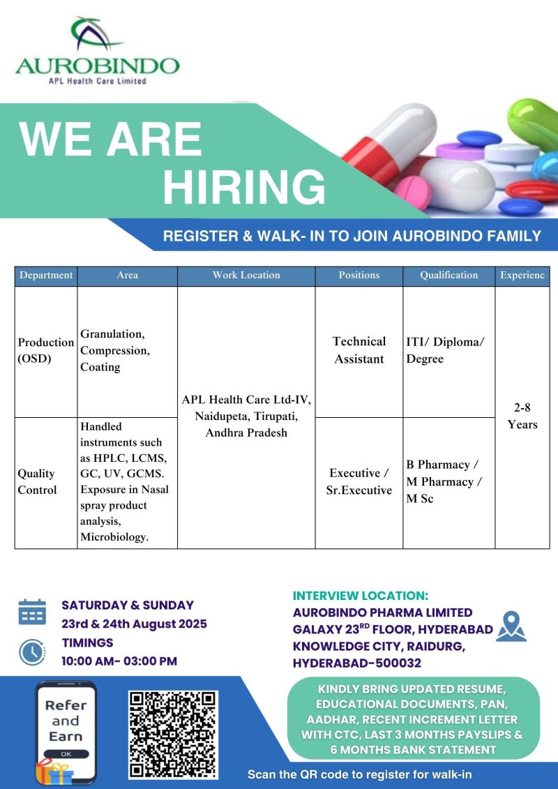 Aurobindo Pharma Walk-In Interview | Hiring for Production & QC Departments