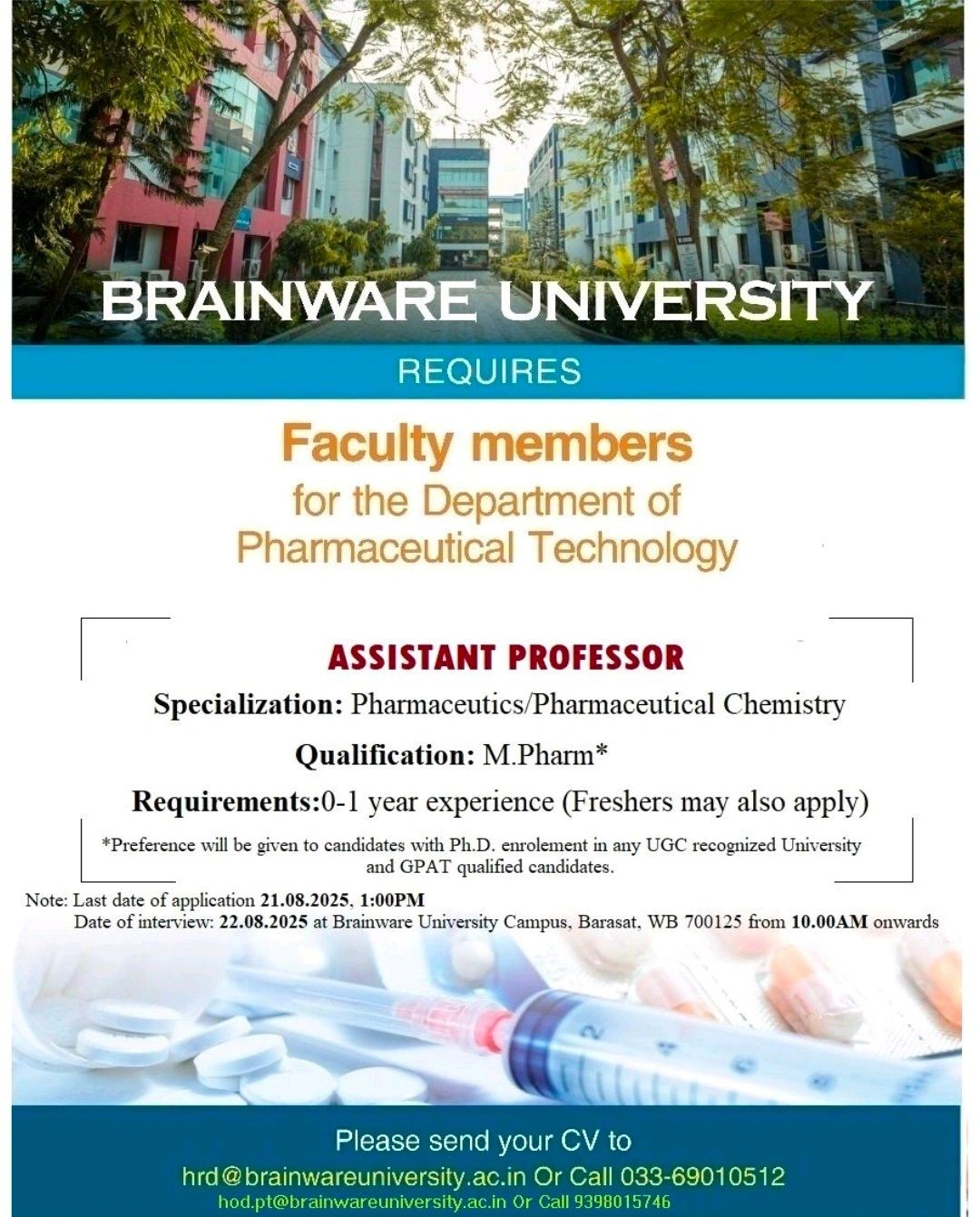 Hiring Freshers for Assistant Professor in Pharmaceutical Technology – Apply Now