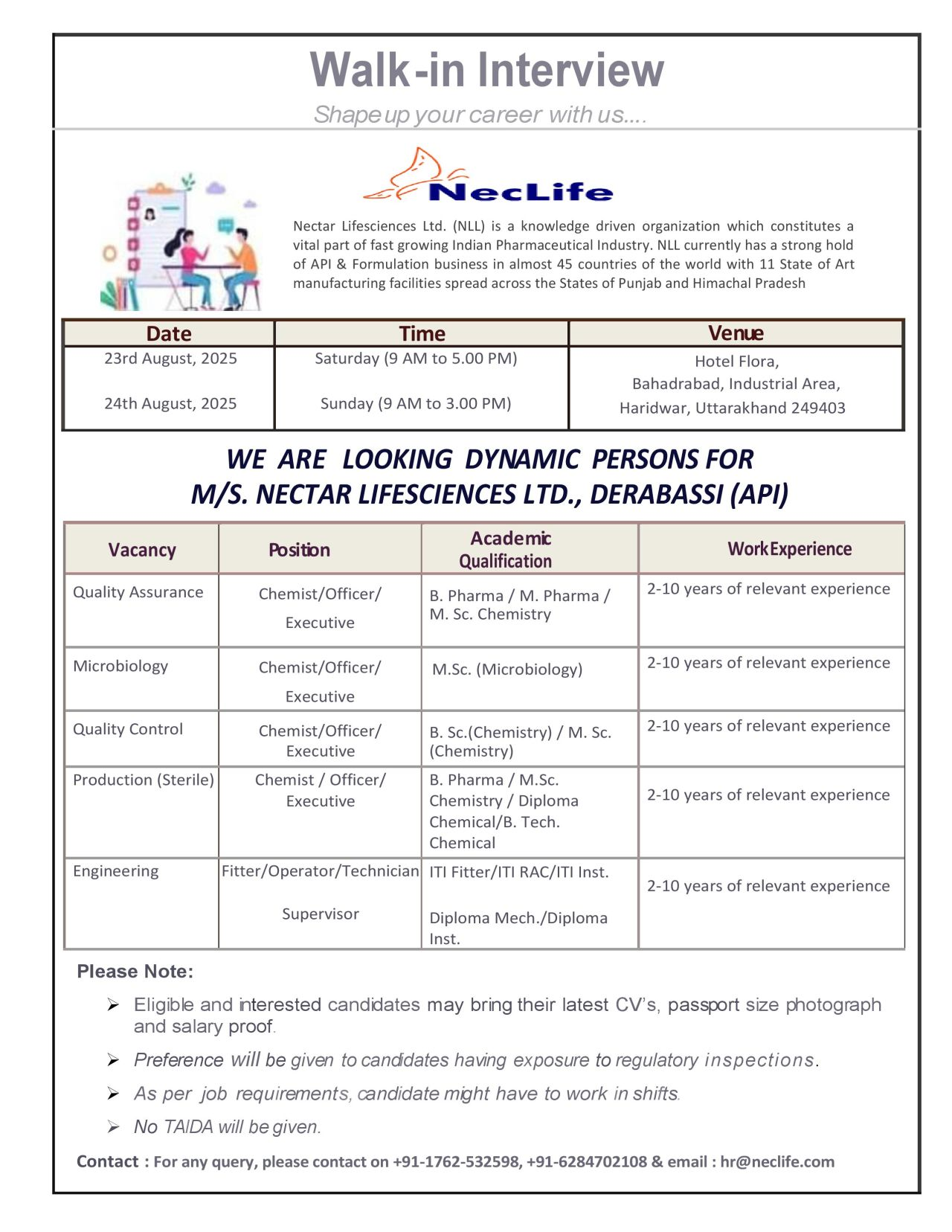 Walk-In Interview | Hiring for QA, QC, Microbiology, Production & Engineering
