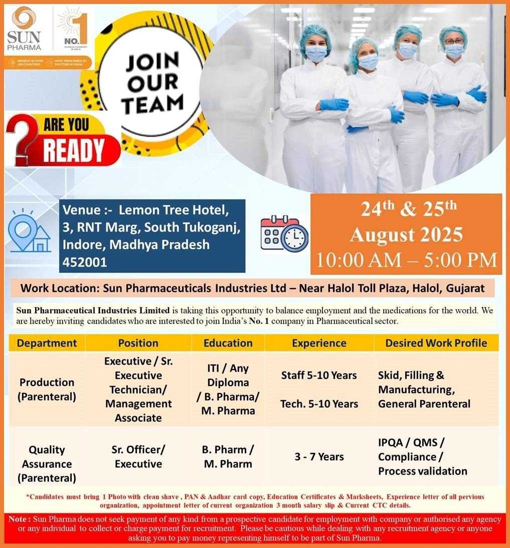 Sun Pharma Walk-In Interview | Hiring for Production & Quality Assurance (Parenteral)