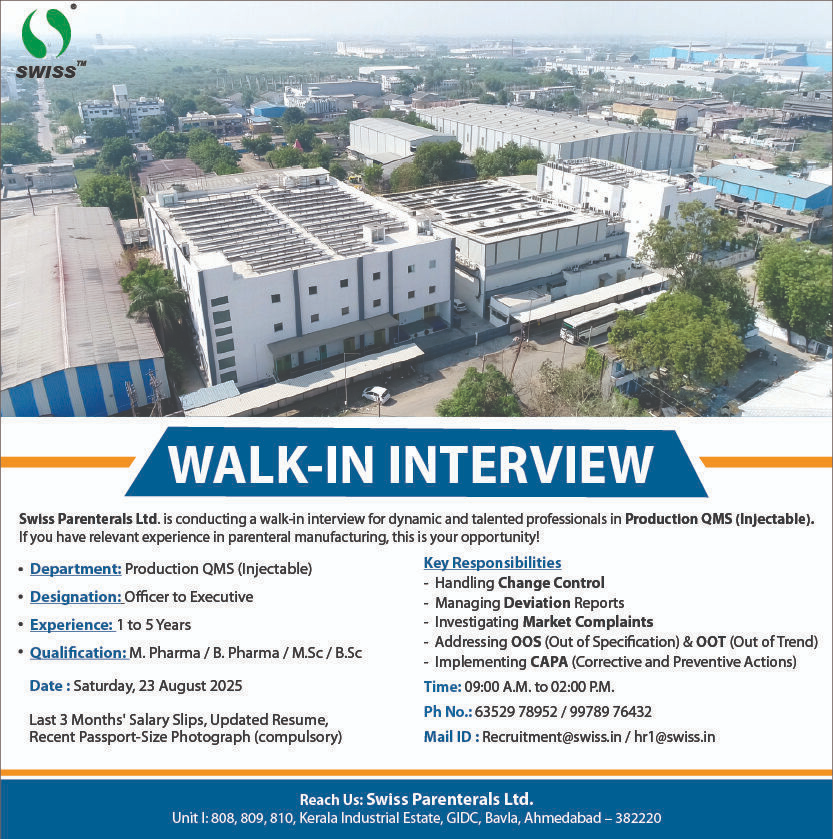 Walk-In Interview for Production QMS (Injectable) | Officer to Executive
