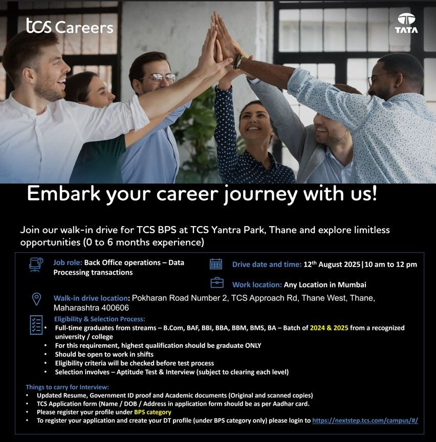 TCS Careers Walk-In Drive for BPS Roles – Freshers & 0-6 Months Experience