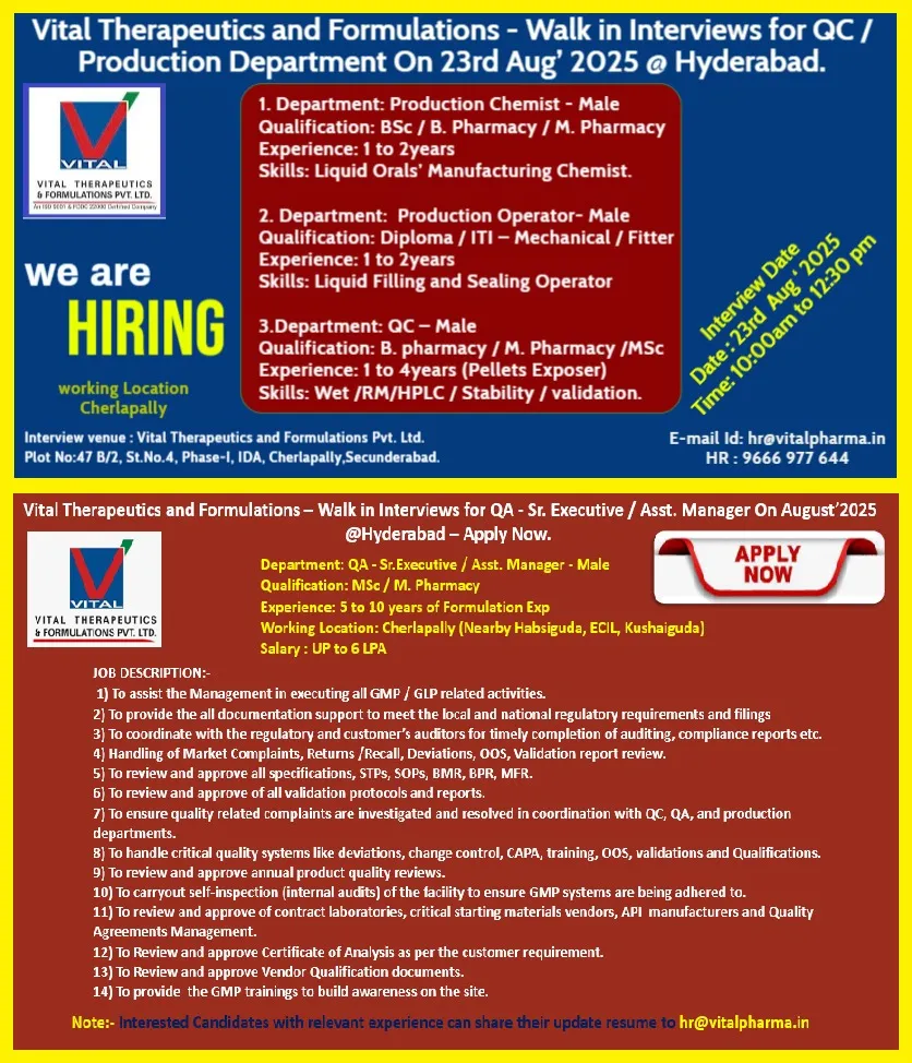 Walk In Interview – Hiring for Production, QC, and Senior QA Roles