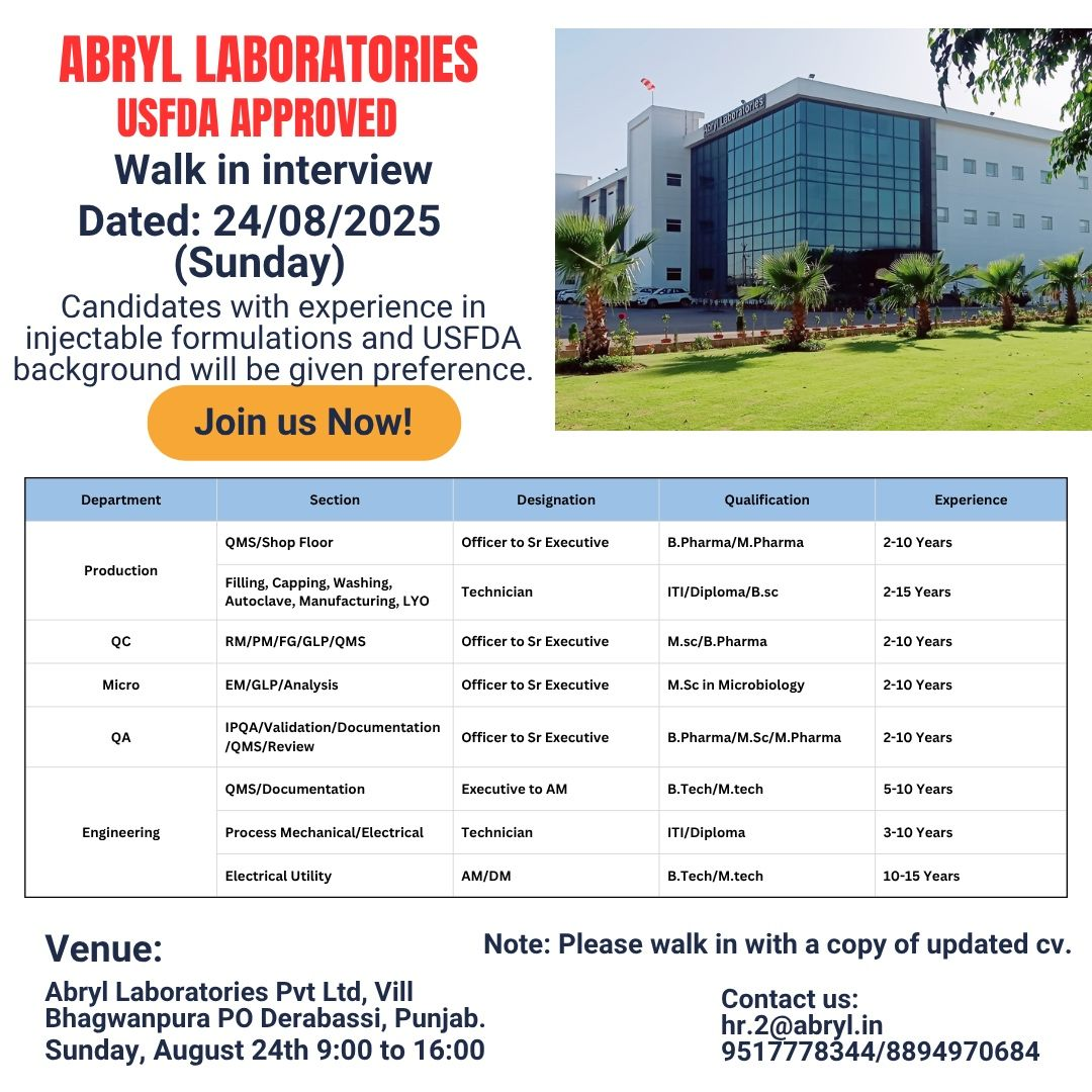 Abryl Laboratories USFDA-Approved Walk-In Drive for Production, QA, QC, Microbiology & Engineering