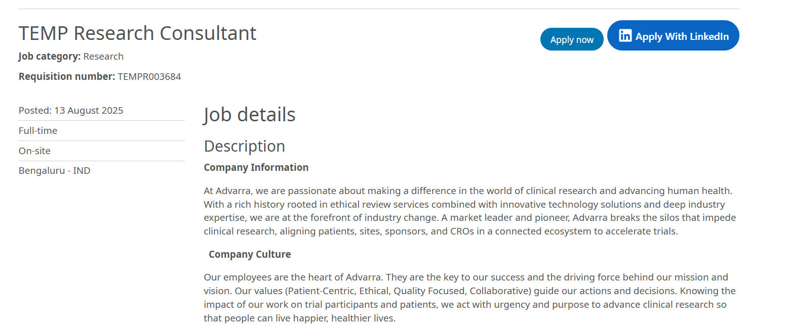 Advarra Hiring Research Consultant – Clinical Research | Freshers & Experienced (0–1 Year) Apply Now