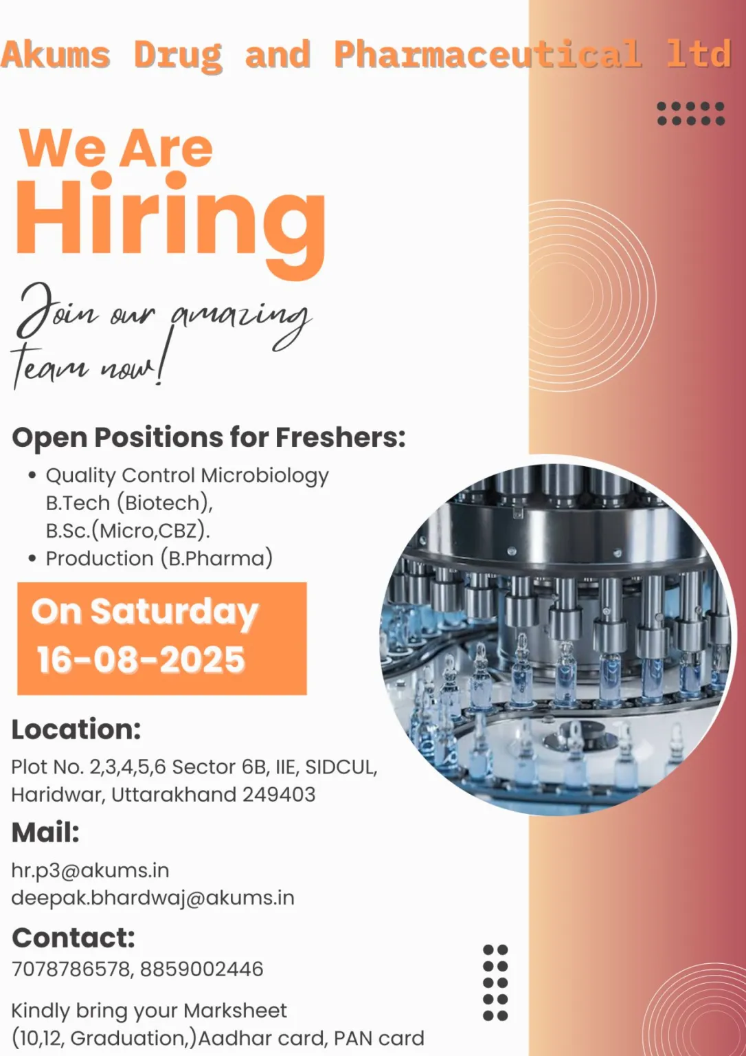 Akums Drugs & Pharmaceuticals Hiring Freshers – Walk In Interviews