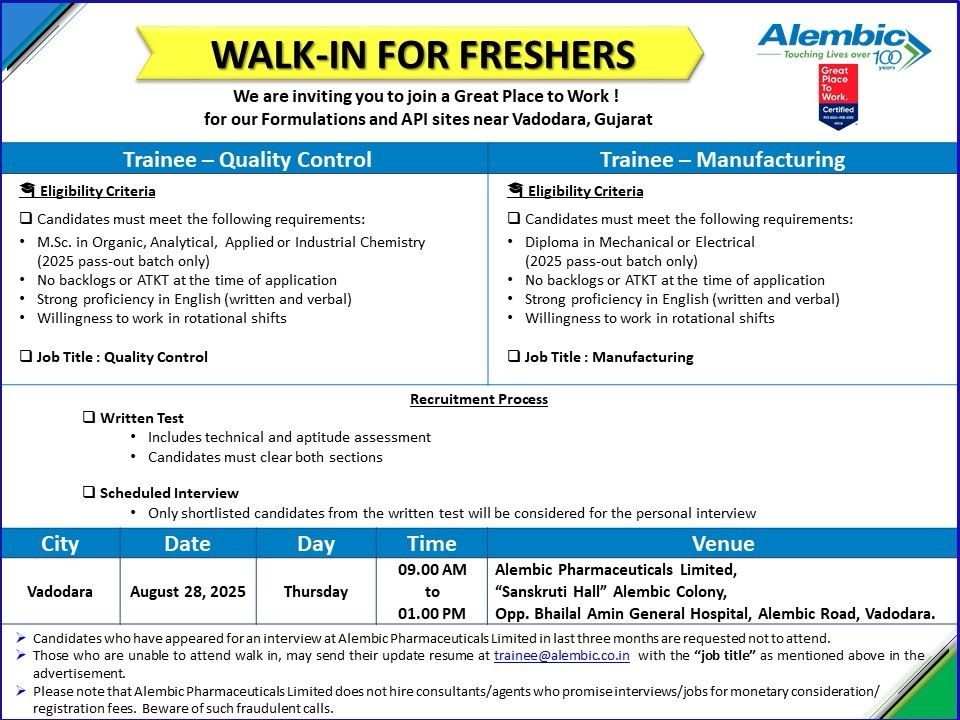 Aizant, Marksans & Alembic Pharma Walk-In Interviews | QA, QC, Production & Freshers Openings