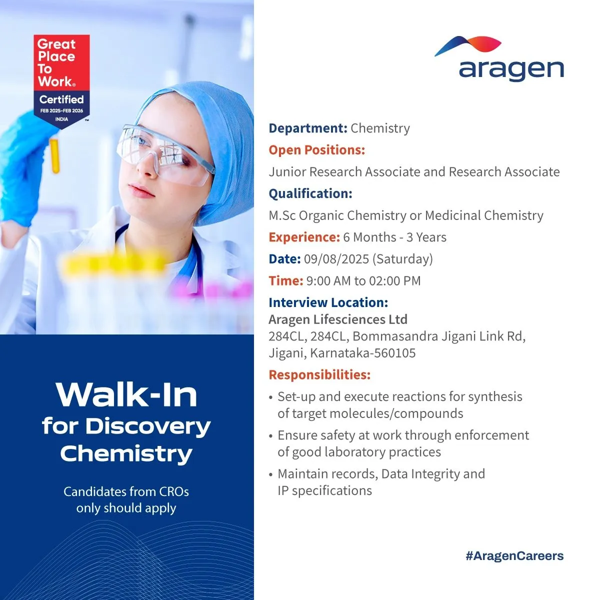 Aragen Lifesciences – Walk In Interviews for Junior Research Associate & Research Associate