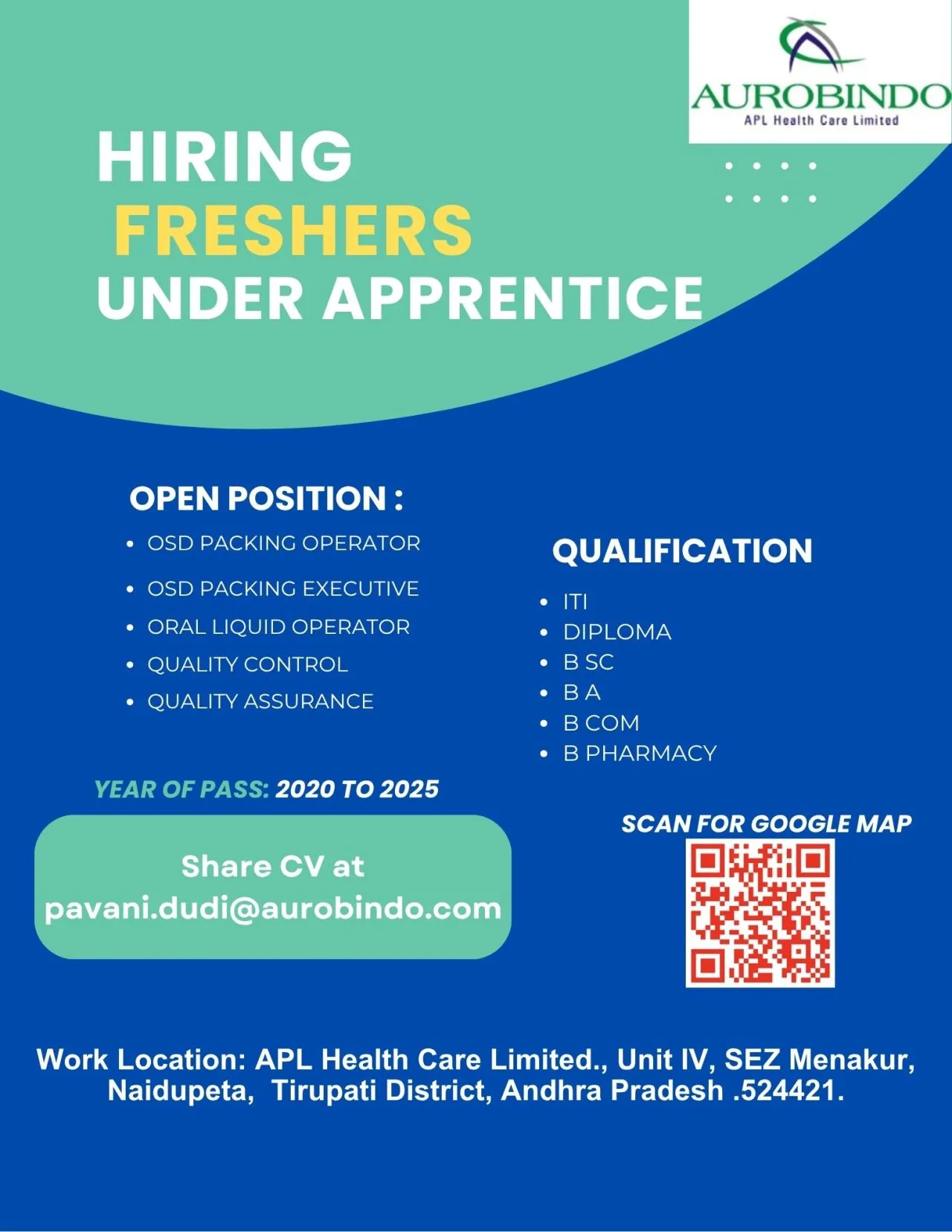 Aurobindo Pharma Freshers Recruitment – Production, Packing, QC & QA Jobs
