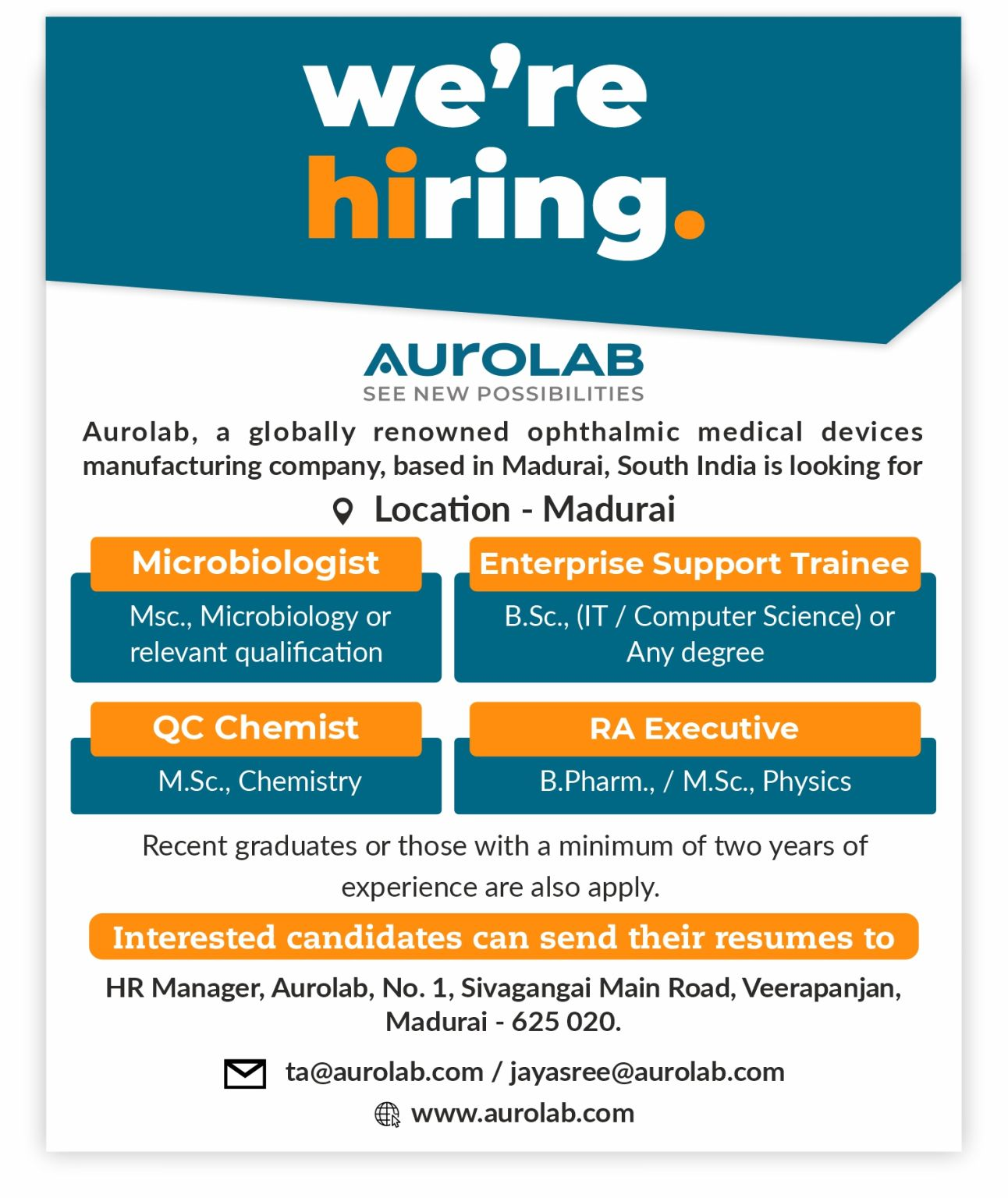 Aurolab Recruitment – Microbiologist, QC Chemist, RA Executive & IT Trainee Jobs