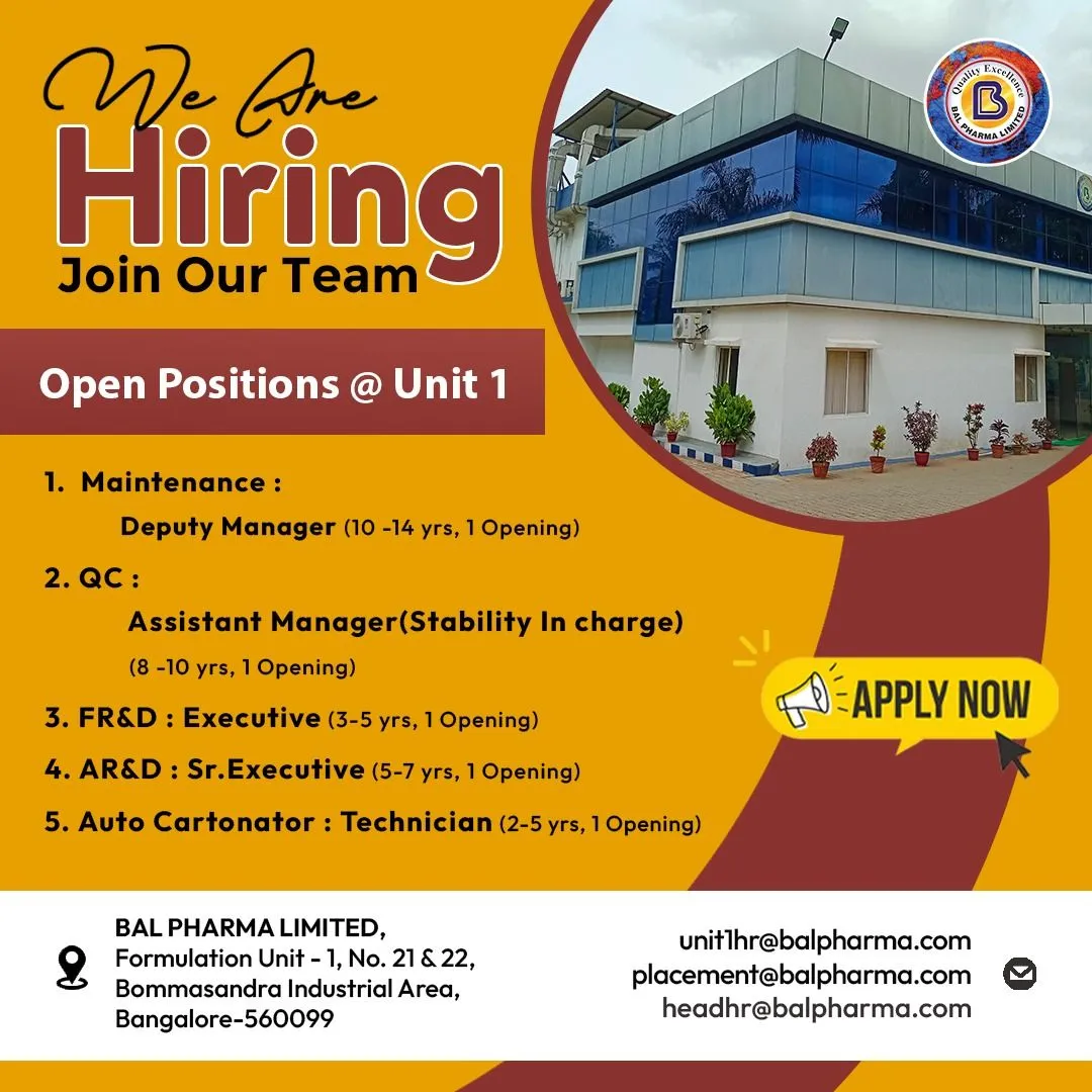 Job Openings: QC, AR&D, FR&D, Maintenance & Auto Cartonator Roles