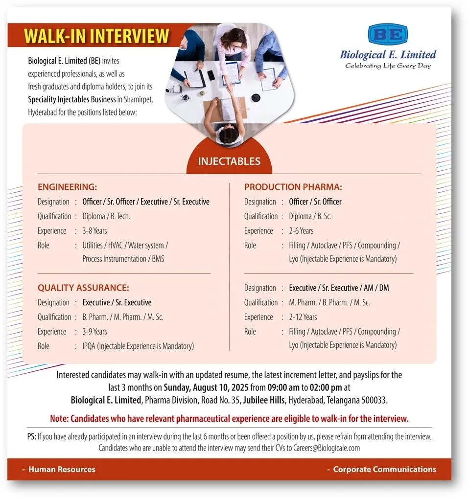 Biological E. Limited Walk In Interview – B.Sc, M.Sc, B.Pharm, M.Pharm, B.Tech, Diploma Jobs