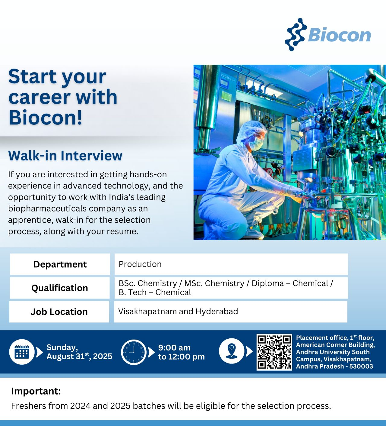 Biocon & Aurobindo Pharma Walk-In Interview | Freshers Hiring for Production, QC, QA, ARD, FARD & More