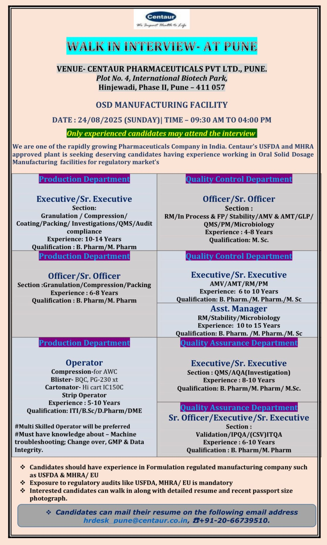 Walk In Interview – Hiring for Production, QC, and QA