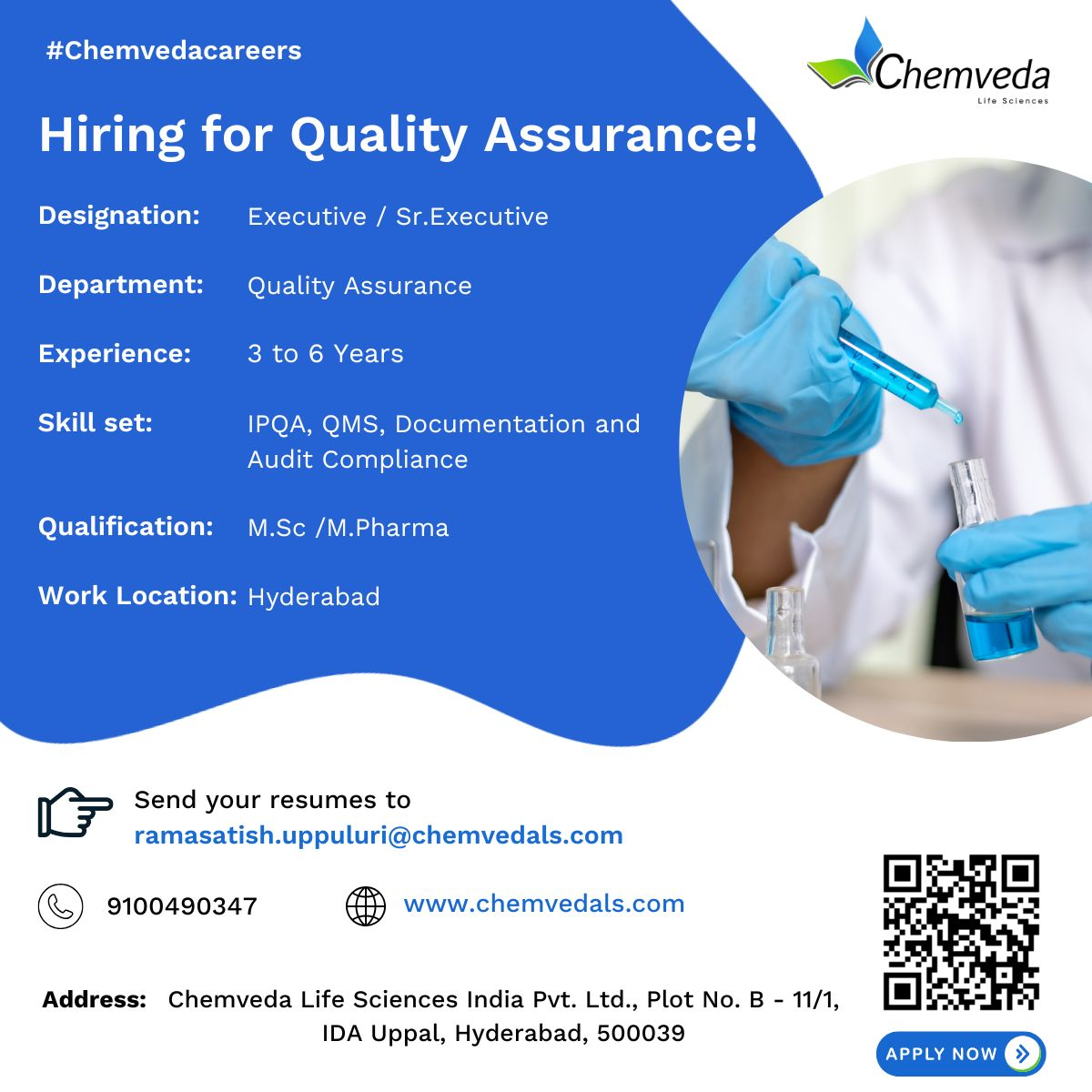 Chemveda Life Sciences Hiring Quality Assurance Executive & Sr. Executive