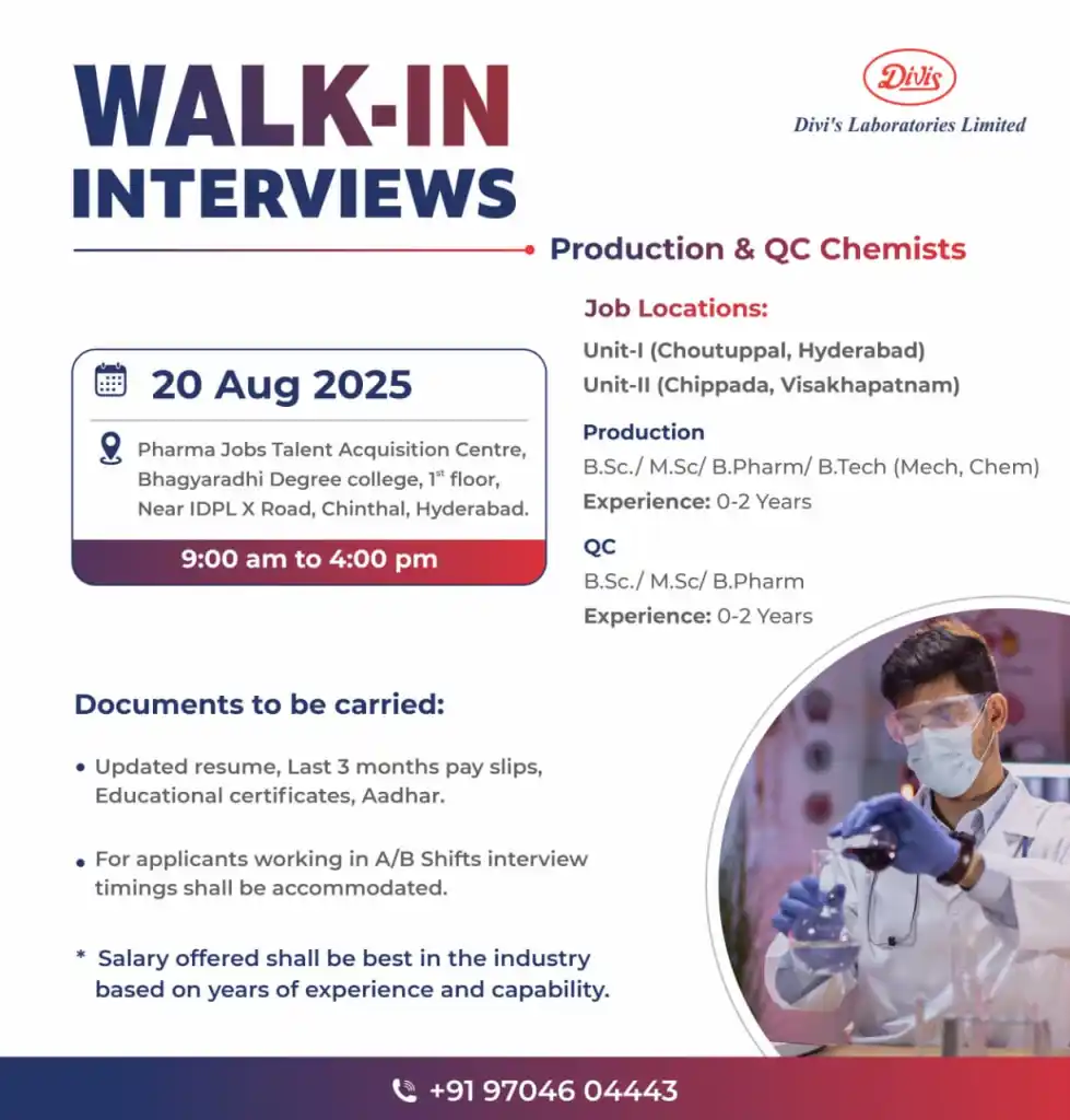Walk In Interview for Freshers – Production & QC Chemist Jobs