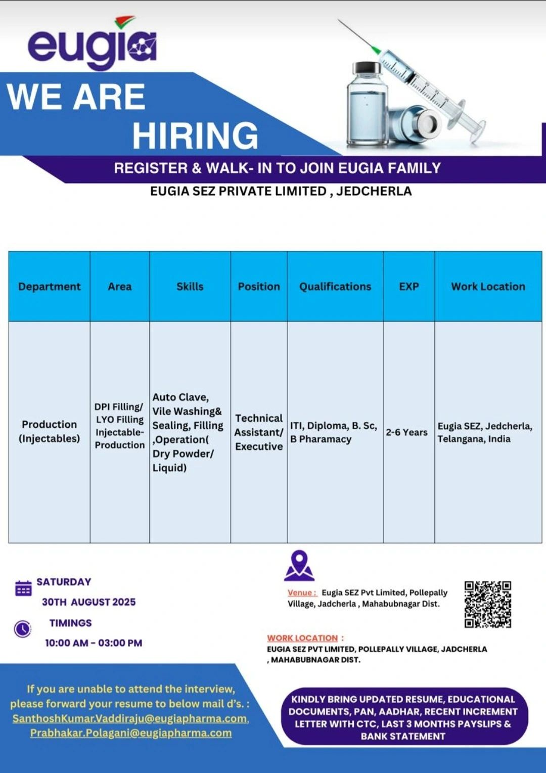 Walk-In Interviews & Openings at Eugia, Emcure, Aragen, Ipca, Acme, Neuland & Hindustan Foods