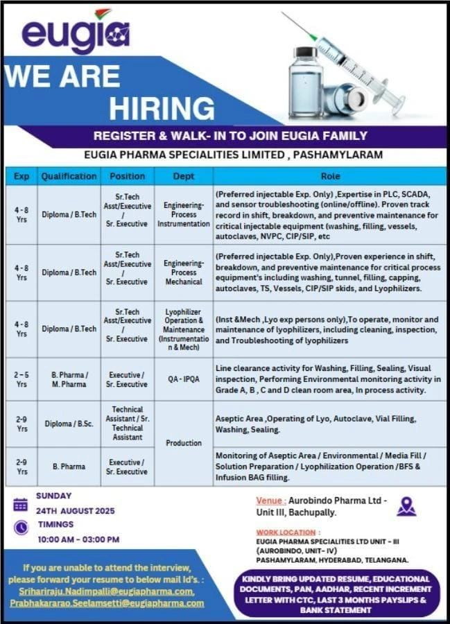 Eugia Pharma Walk-In Drive | Hiring for Engineering, QA and Production