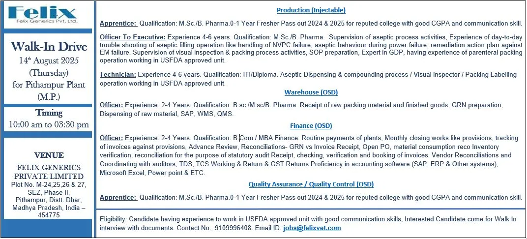 Felix Generics Walk In Interviews – Production, QA, QC, Warehouse & Finance Jobs