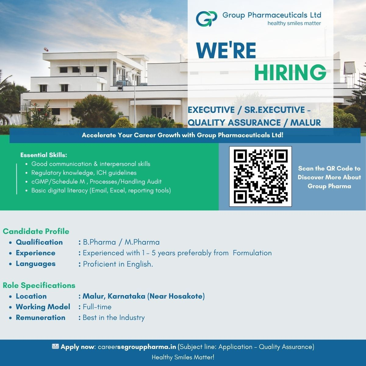 Hiring B.Pharm, M.Pharm for Executive / Senior Executive Quality Assurance Roles
