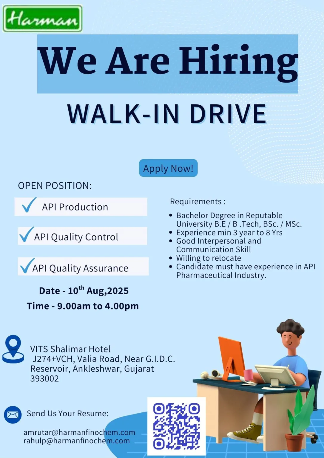 Walk-In Interview for API Production, QA, QC Roles