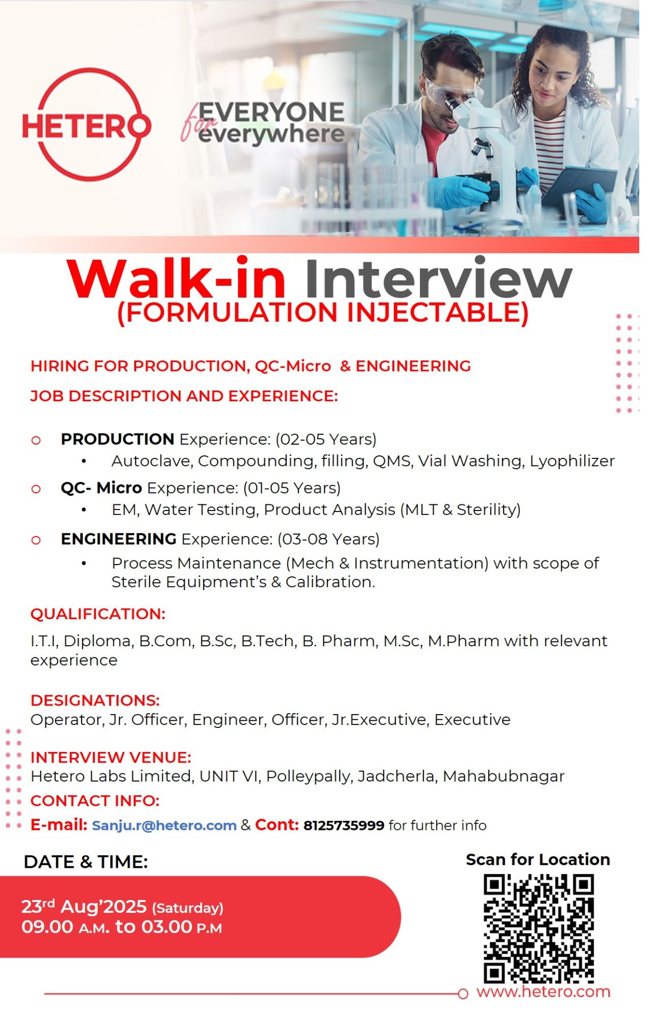 Jobs for ITI, Diploma, B.Com, B.Sc, B.Tech, B.Pharm, M.Sc & M.Pharm