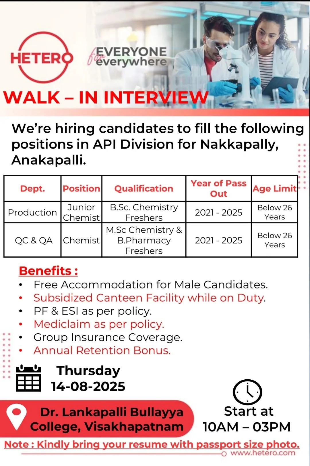 Hetero Walk-In Drive for Freshers in QA, QC & Production