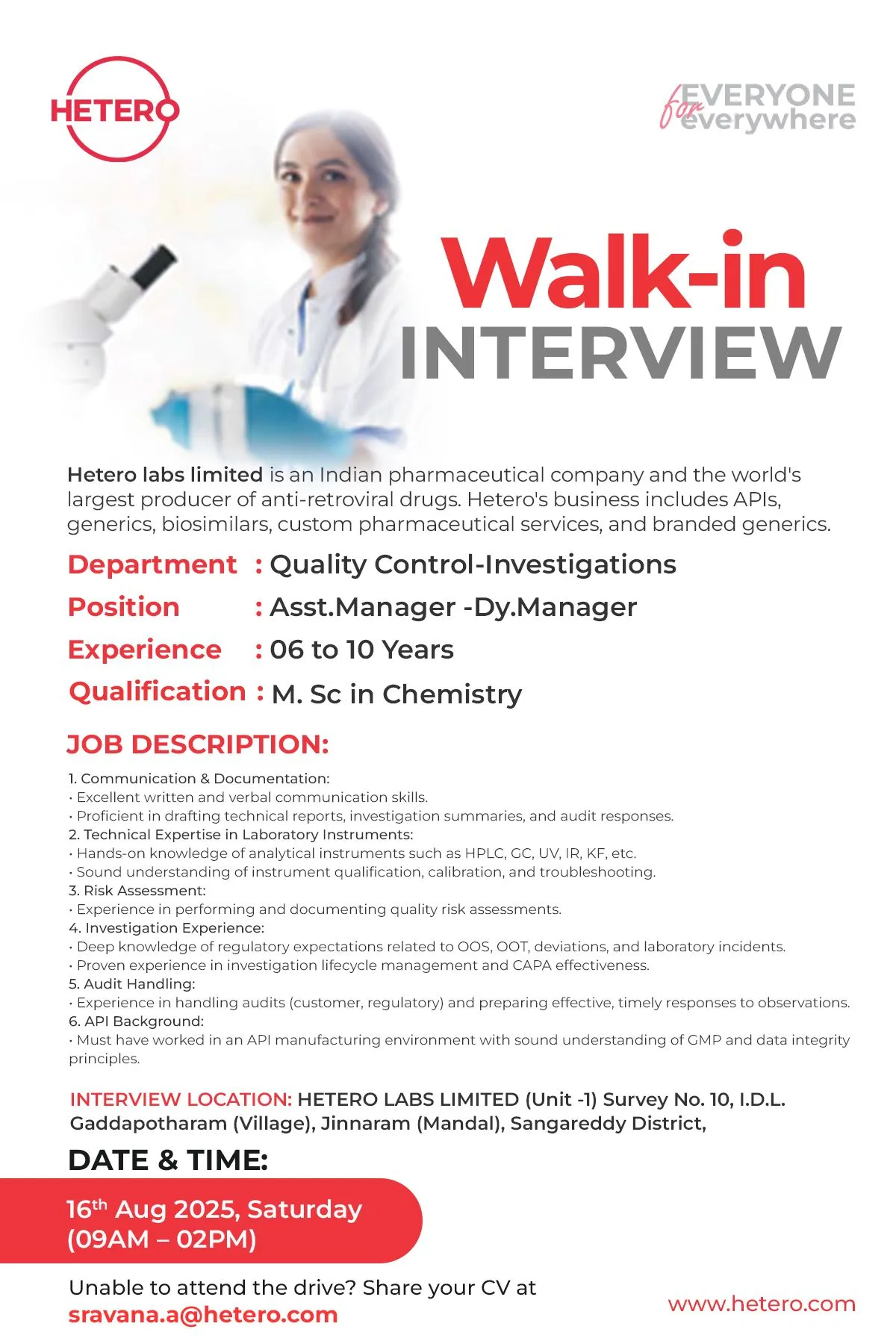 Walk In Interviews for Quality Control – Asst. Manager to Dy. Manager
