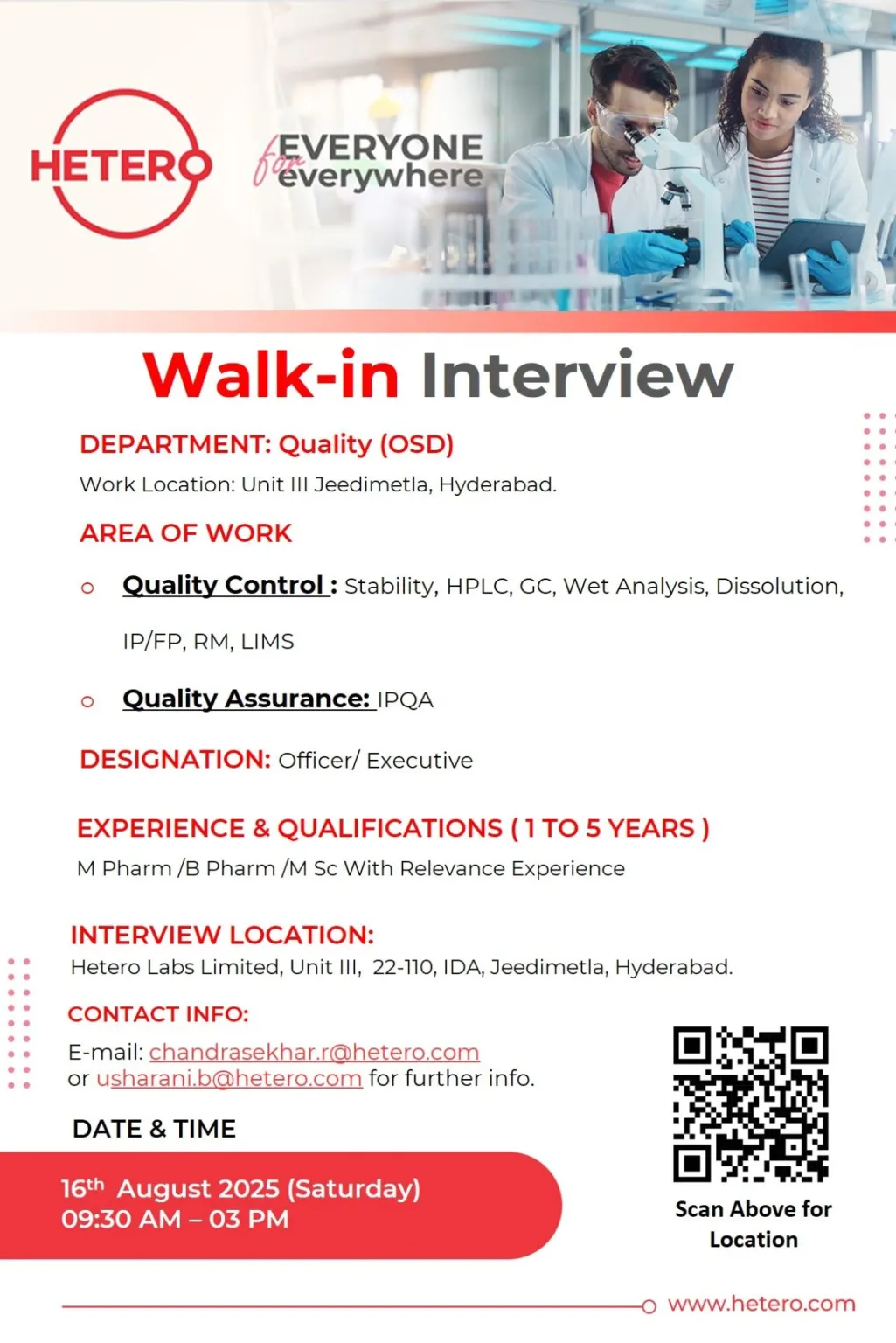 Hetero Weekend Walk In Drive – QA & QC Jobs