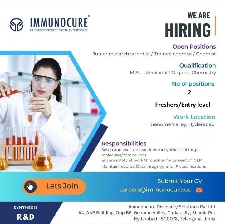 Immunocure Fresher Chemist Jobs | Join Synthesis R&D Team – Apply Now