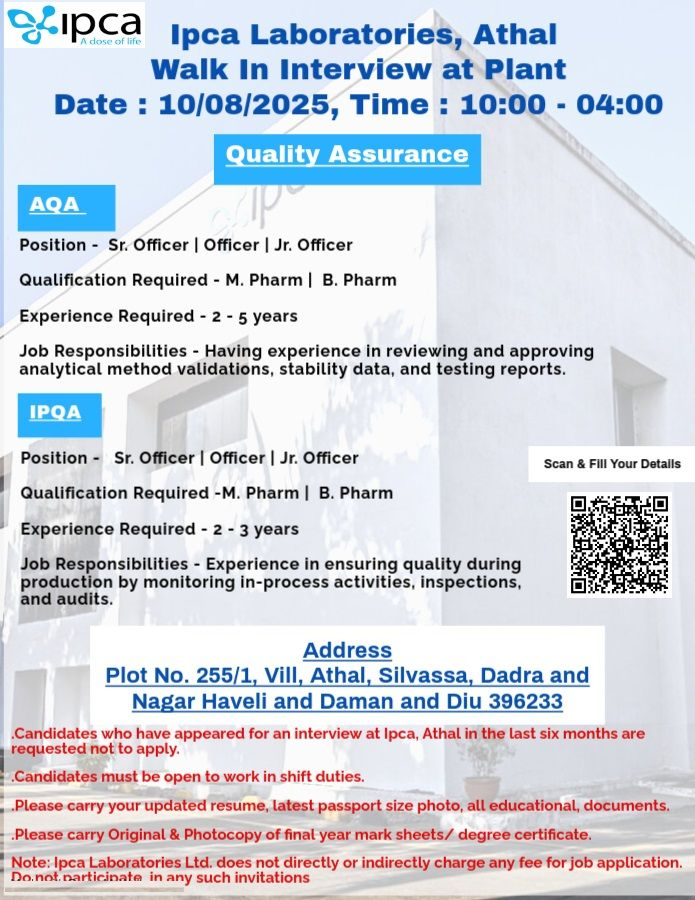 Ipca Laboratories Walk-In Interview for AQA & IPQA Roles