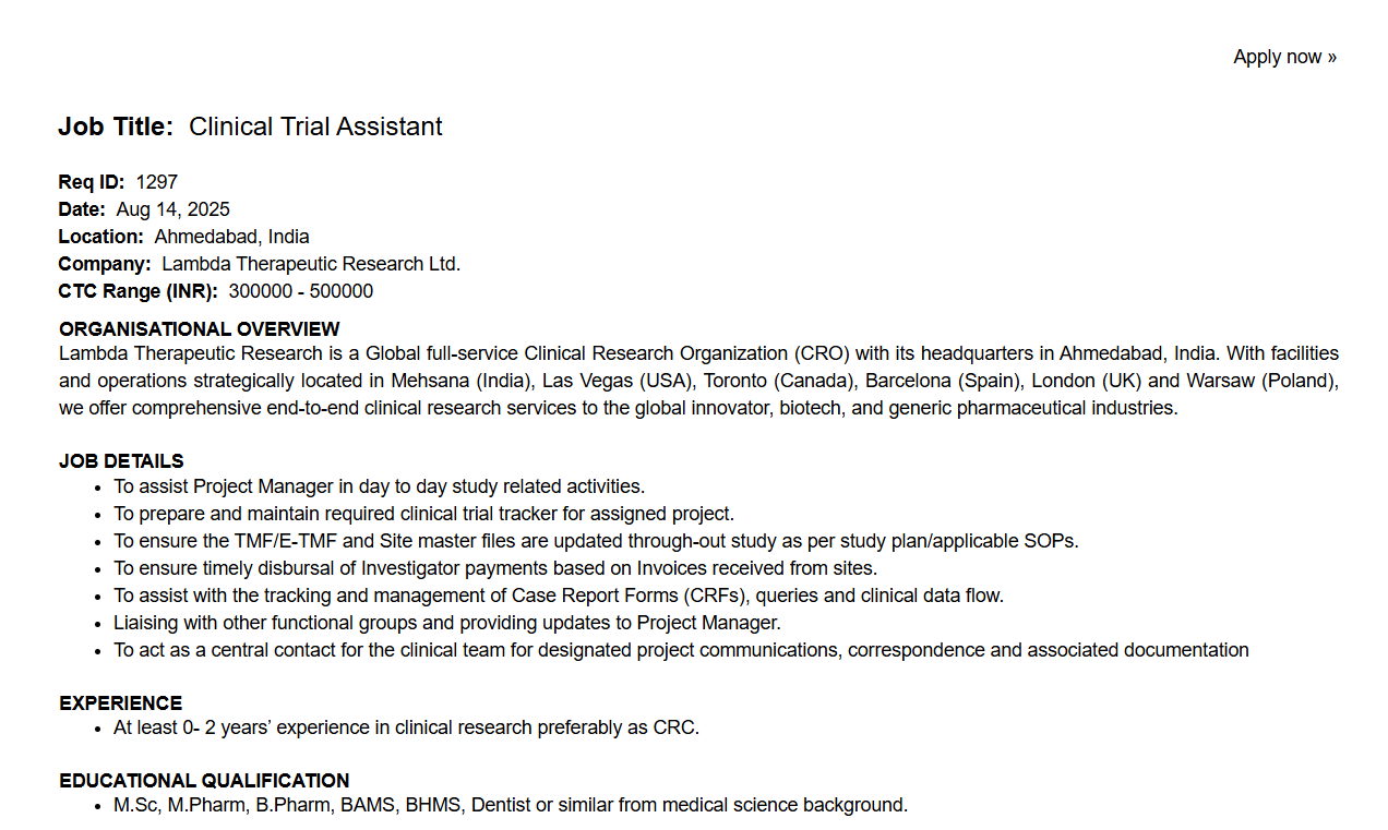 Hiring Freshers as Clinical Trial Assistant | Apply Now