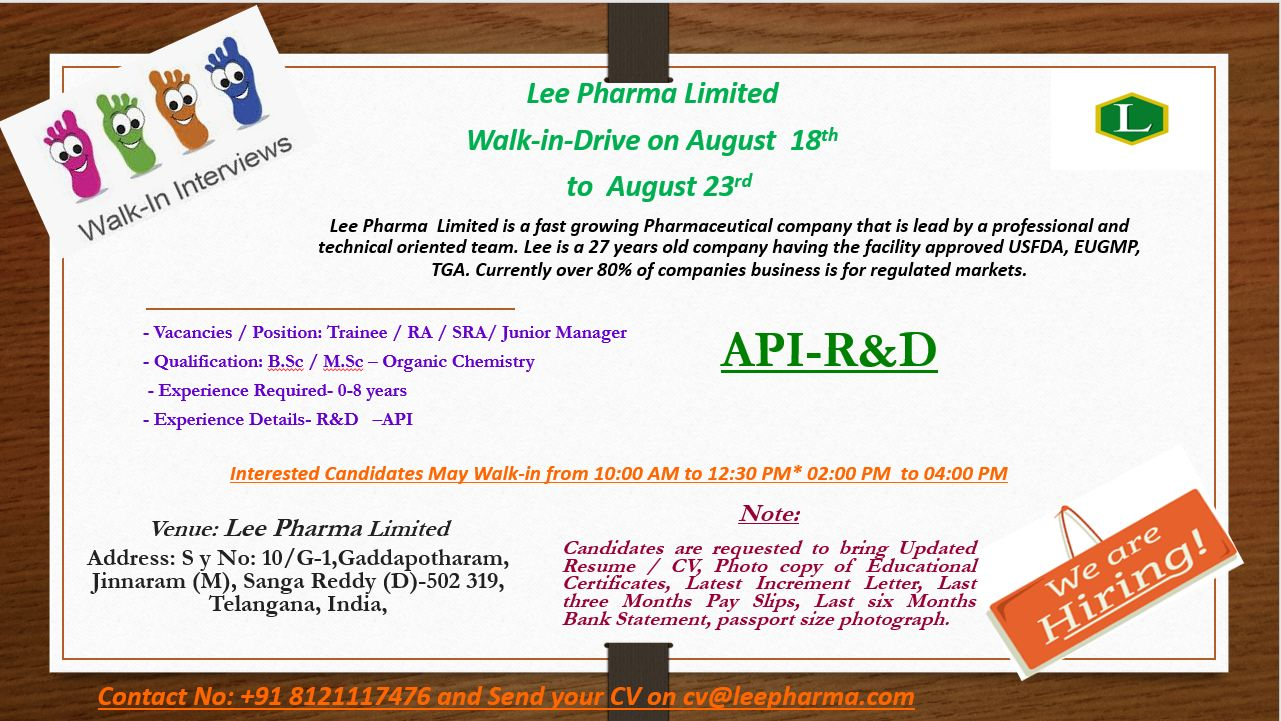 Mega Walk-In Drive for API R&D Freshers to Junior Managers