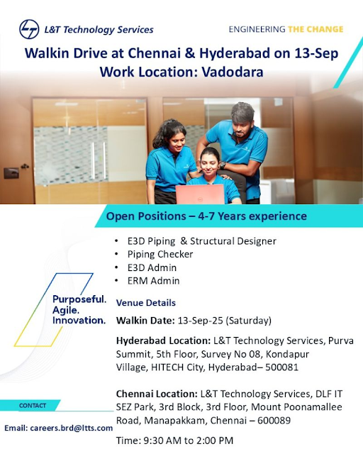 L&T Technology Walk-In Interview: Multiple Job Openings in Hyderabad, Chennai & Vadodara for Engineers & Diploma Holders